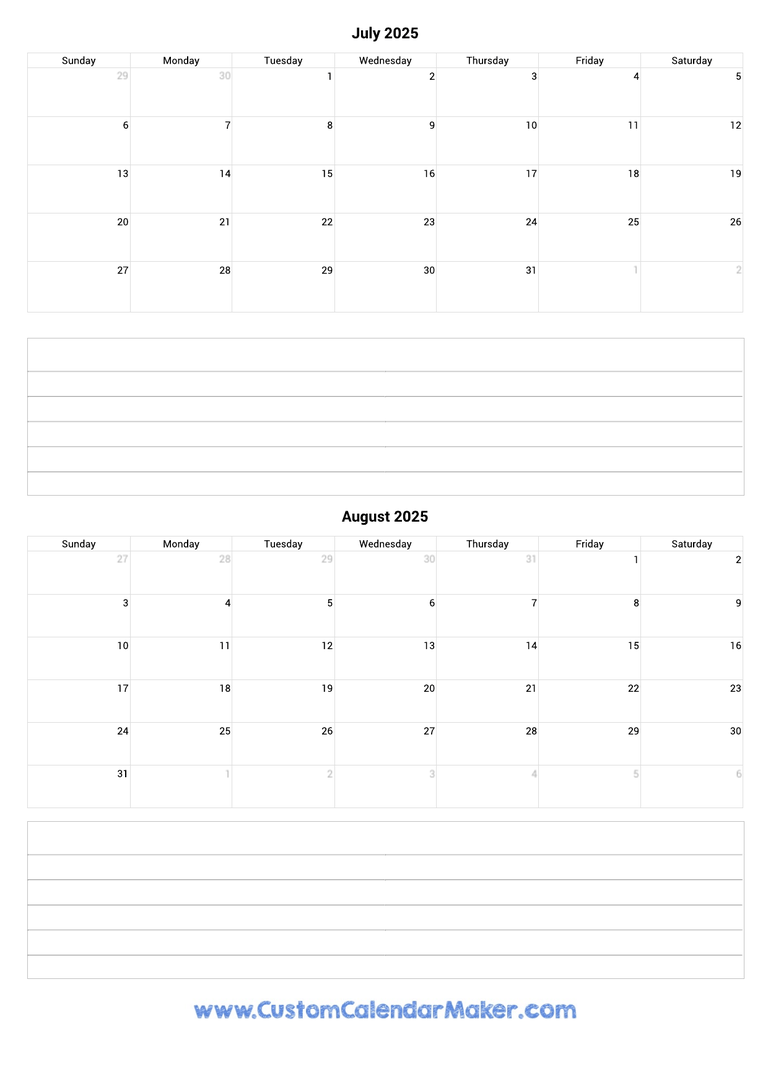 july and august 2025 calendar with notes