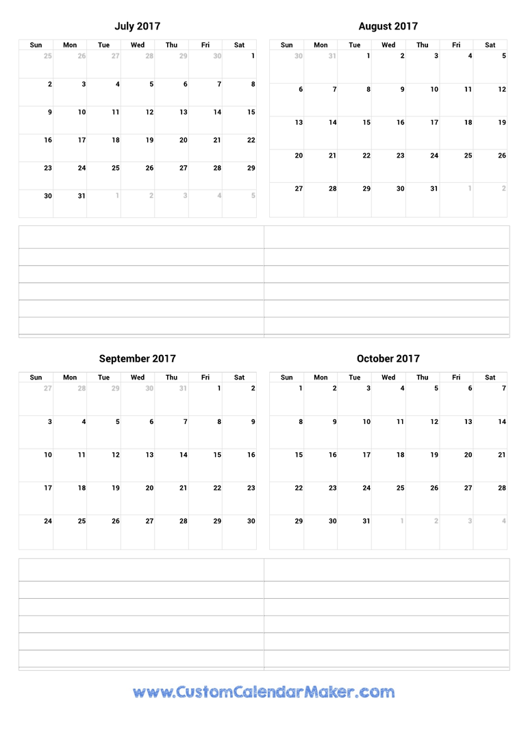July to October 2017 Calendar
