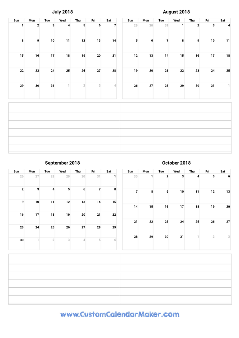 July to October 2018 Calendar