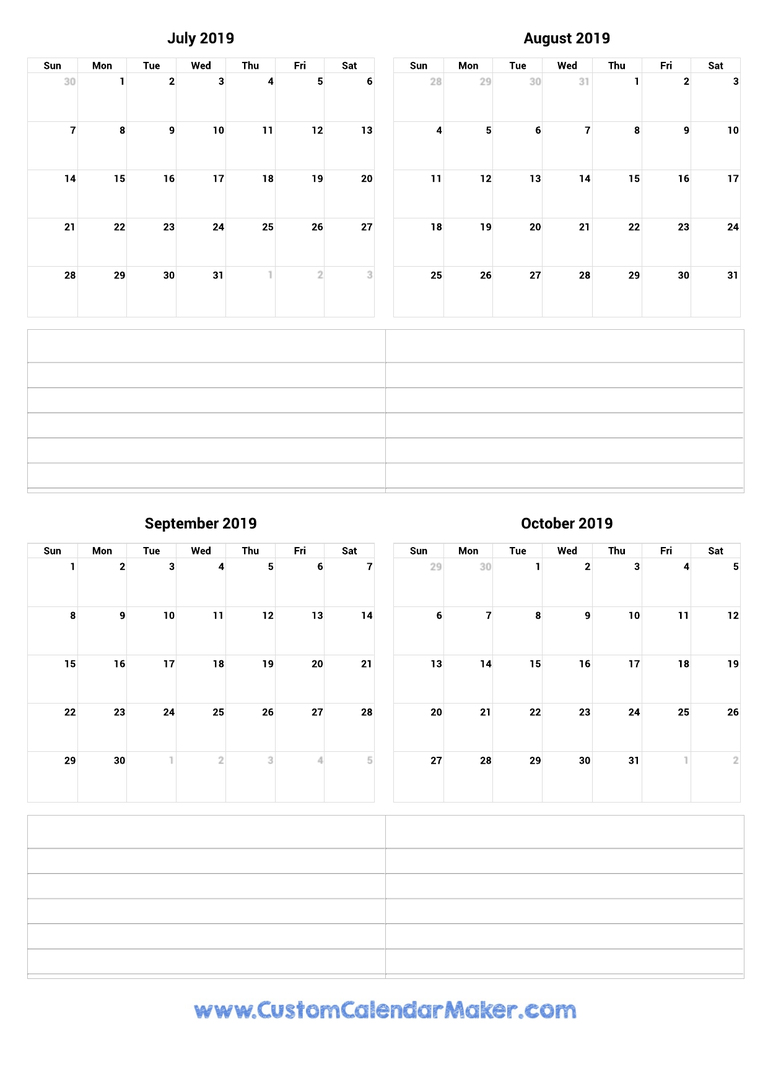 July to October 2019 Calendar