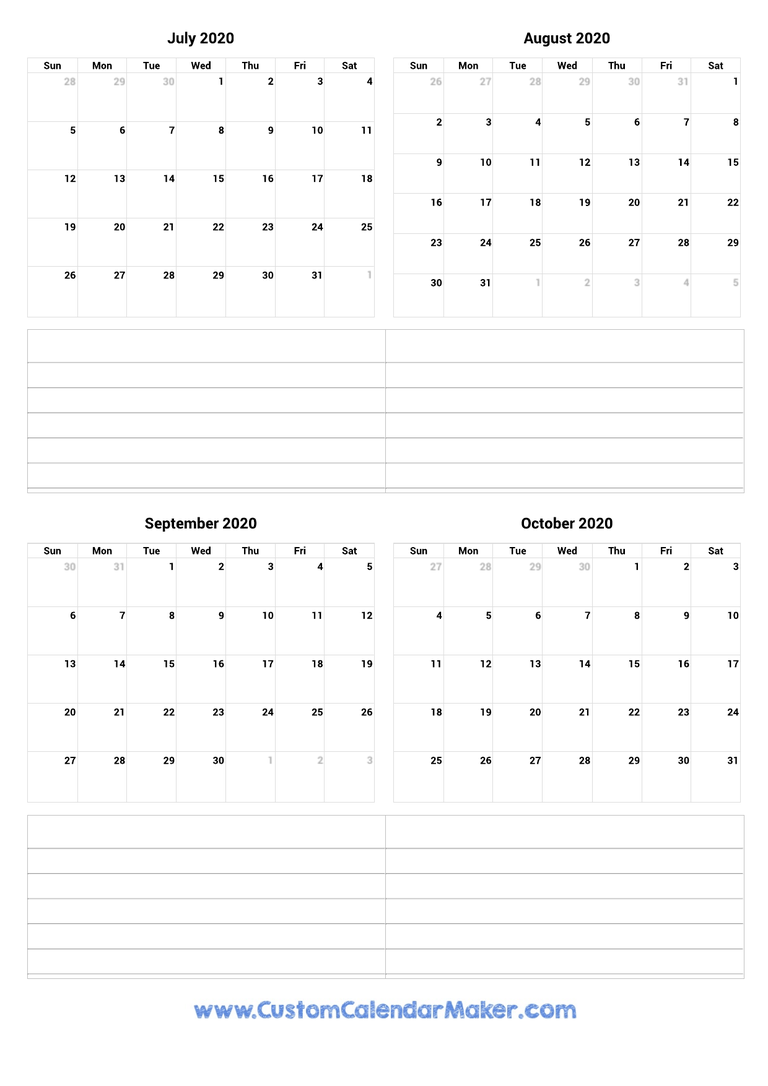July to October 2020 Calendar