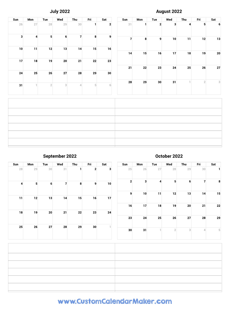 July to October 2022 Calendar
