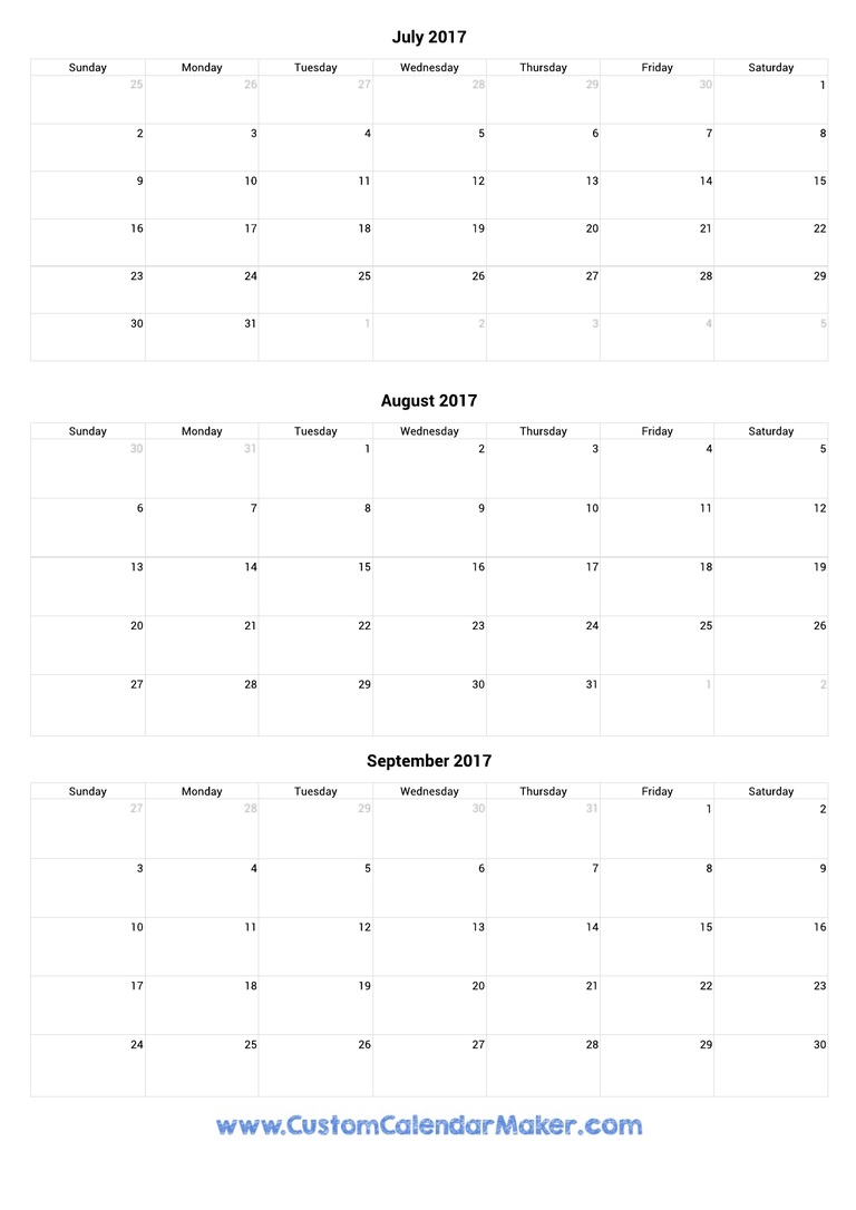 July to September 2017 Calendar