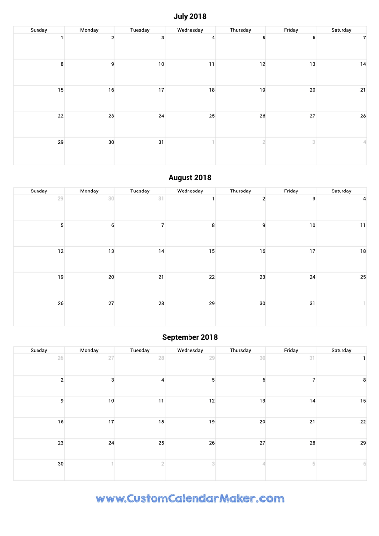 July to September 2018 Calendar