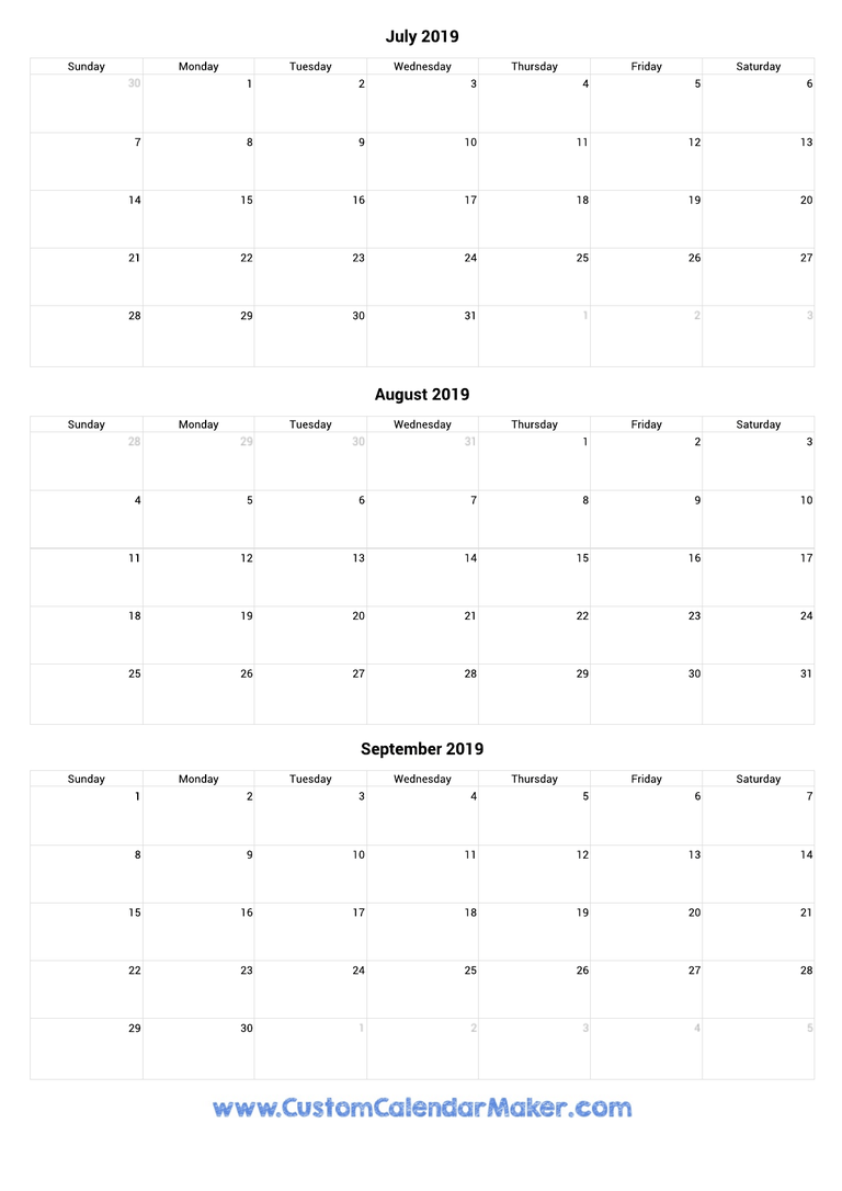 July to September 2019 Calendar