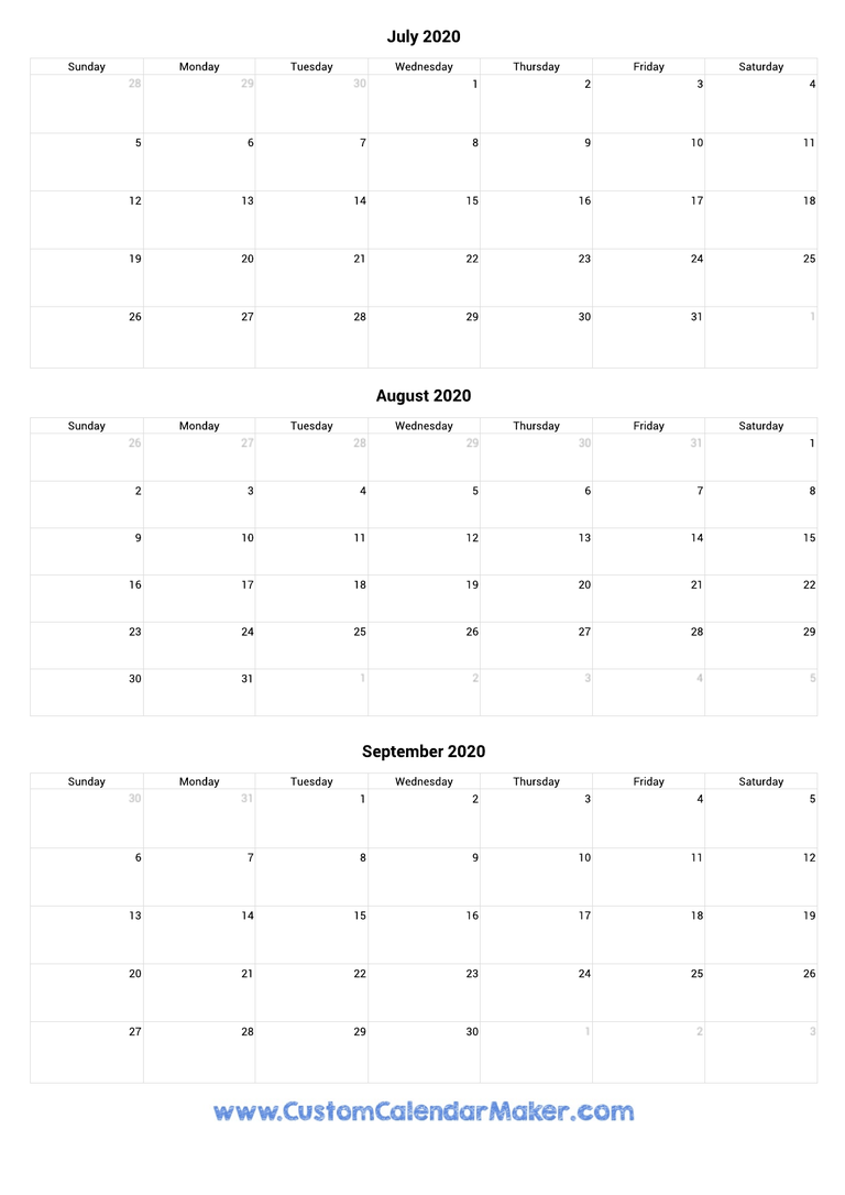 July to September 2020 Calendar