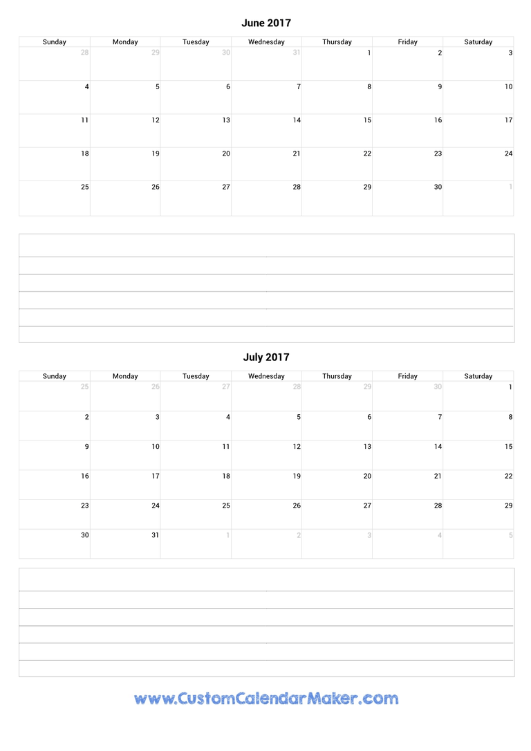 june and july 2017 calendar with notes