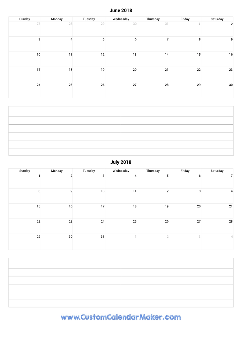 june and july 2018 calendar with notes
