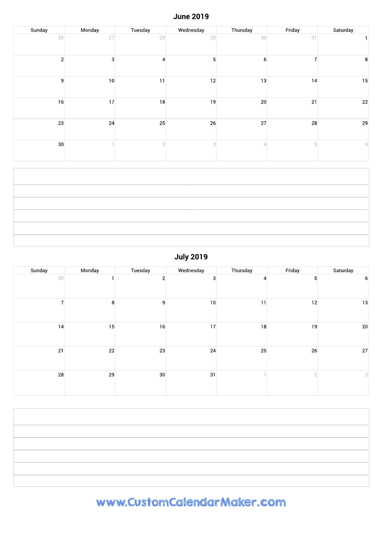 june and july 2019 calendar with notes