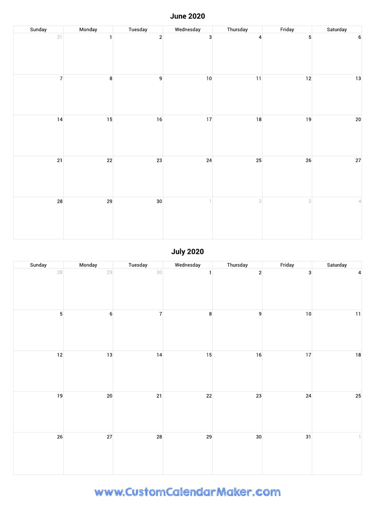 June and July 2020 Calendar