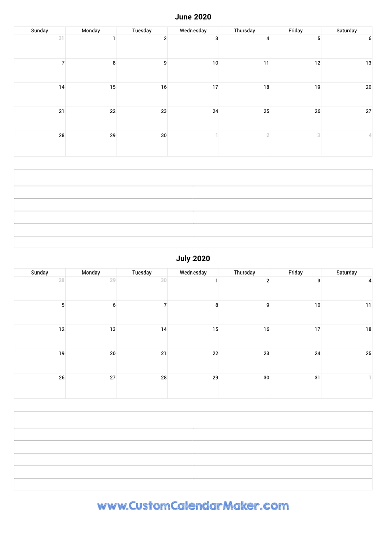 june and july 2020 calendar with notes