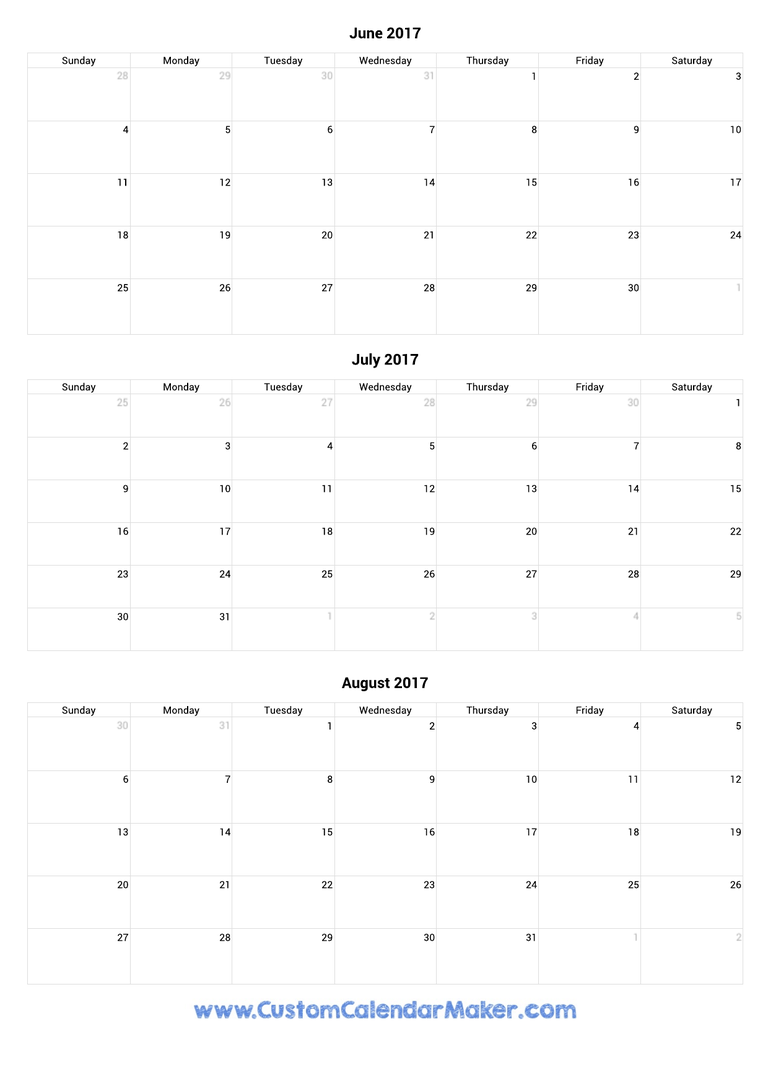 June to August 2017 Calendar
