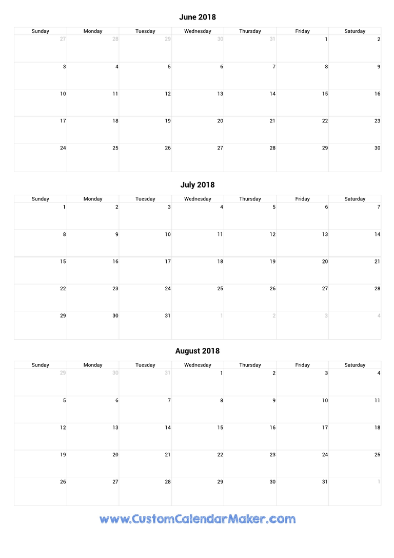 June to August 2018 Calendar