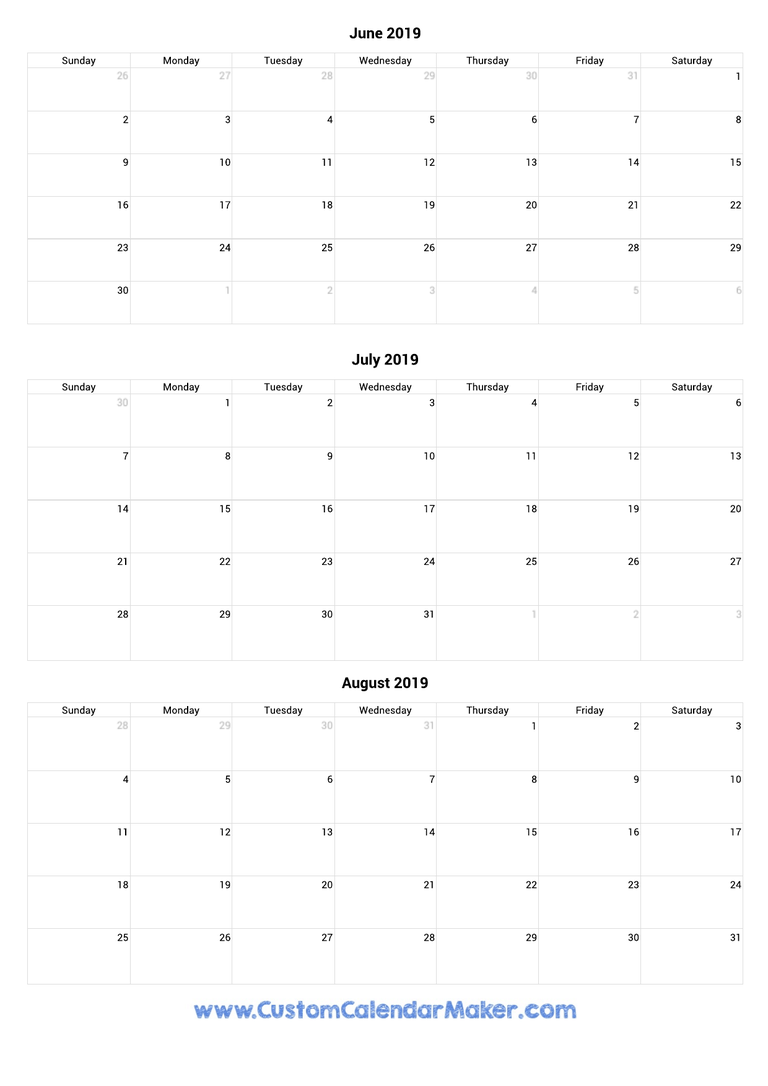 June to August 2019 Calendar