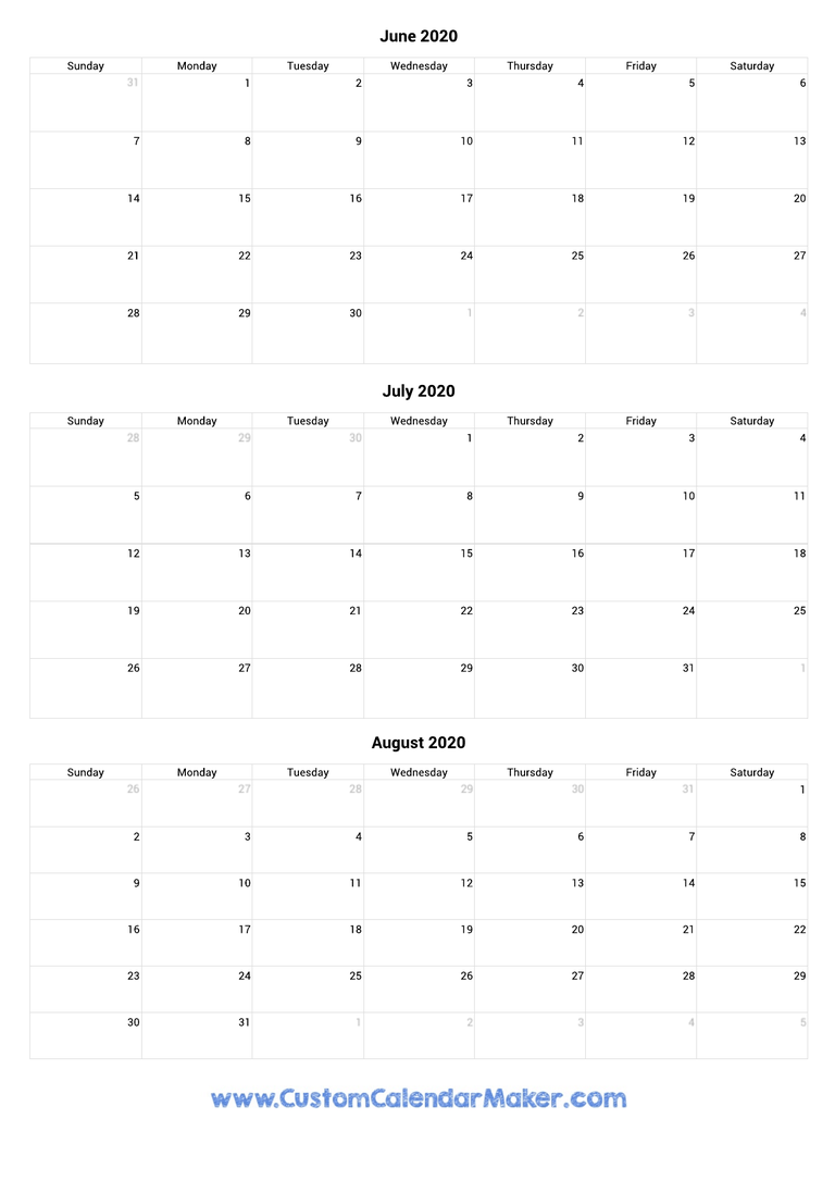 June to August 2020 Calendar