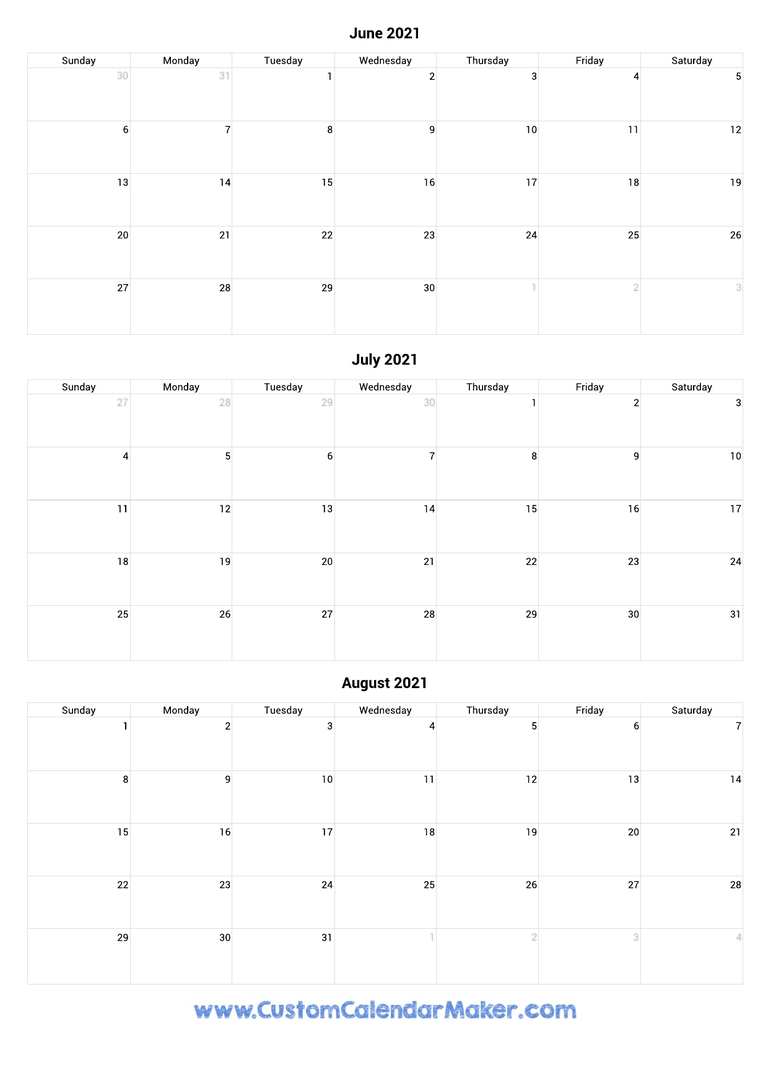 June to August 2021 Calendar