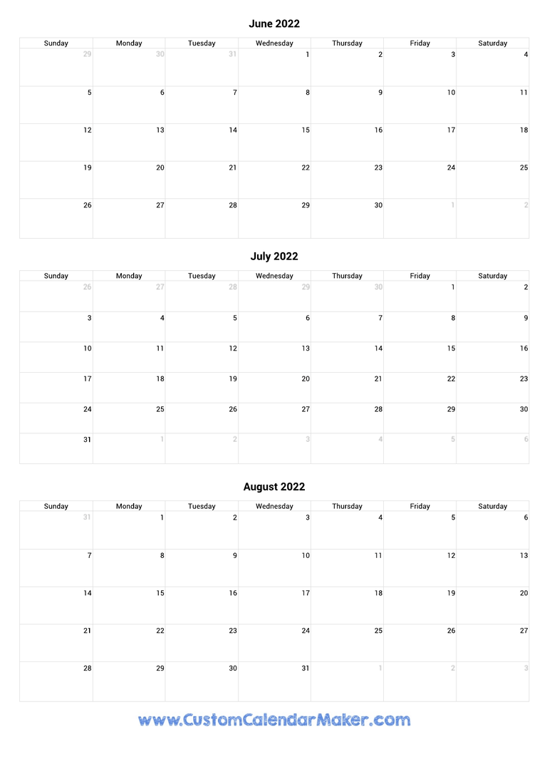 June to August 2022 Calendar
