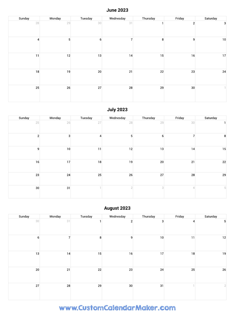 June to August 2023 Calendar