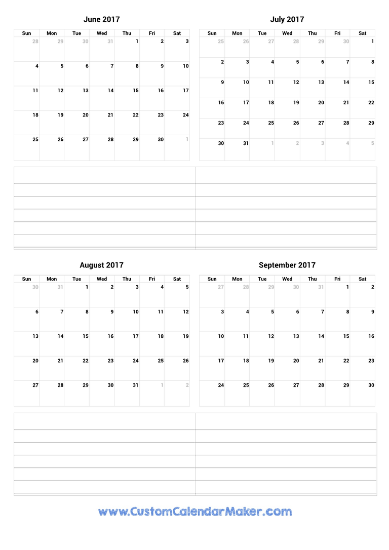 June to September 2017 Calendar