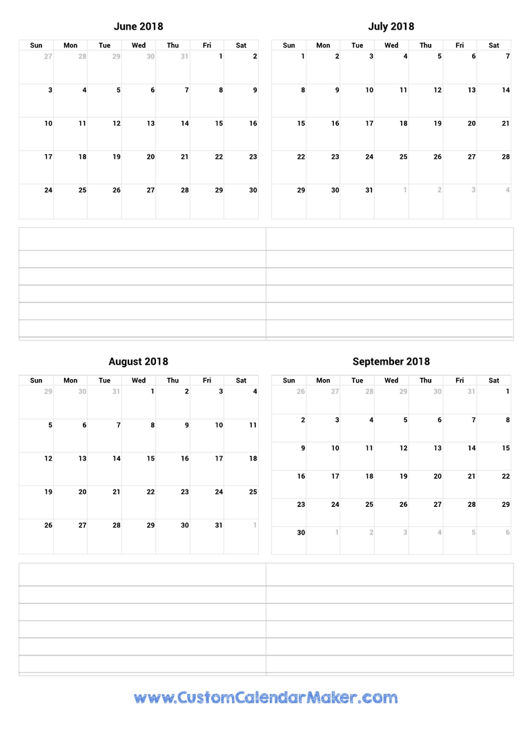 June to September 2018 Calendar