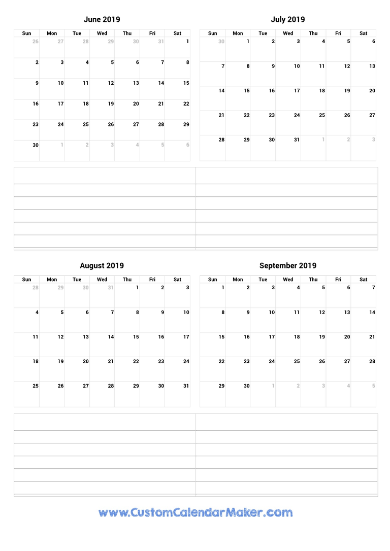 June to September 2019 Calendar