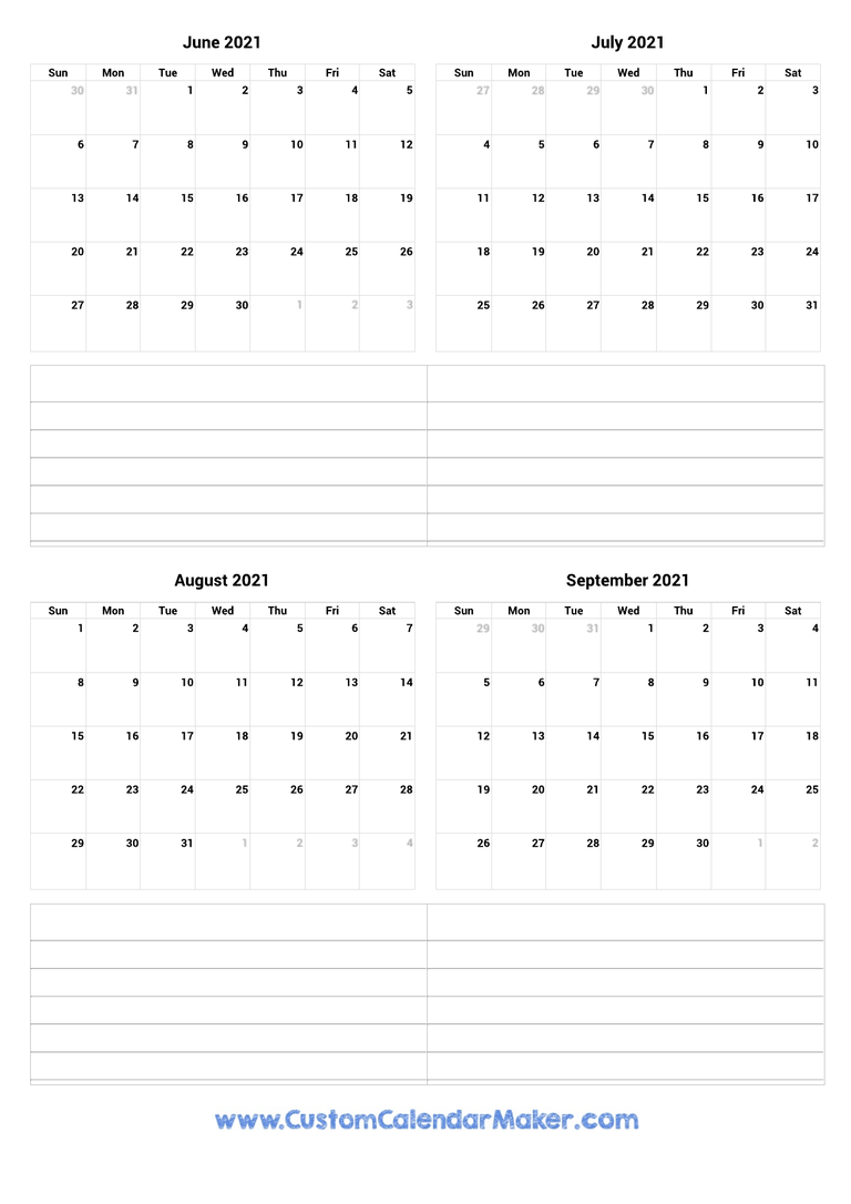 June to September 2021 Calendar