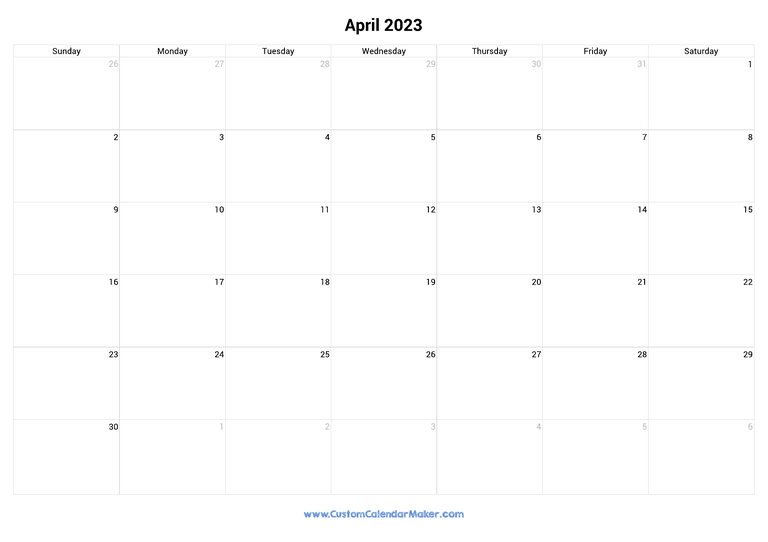 April 2023 Landscape Calendar With Large Boxes