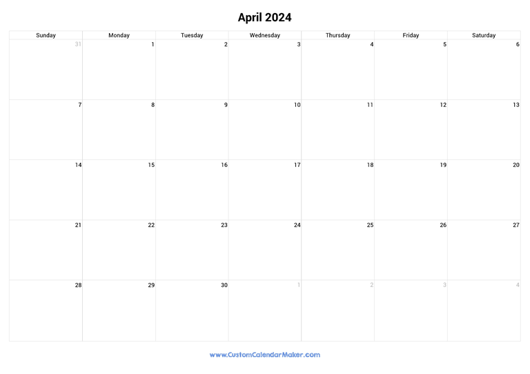 April 2024 Landscape Calendar With Large Boxes