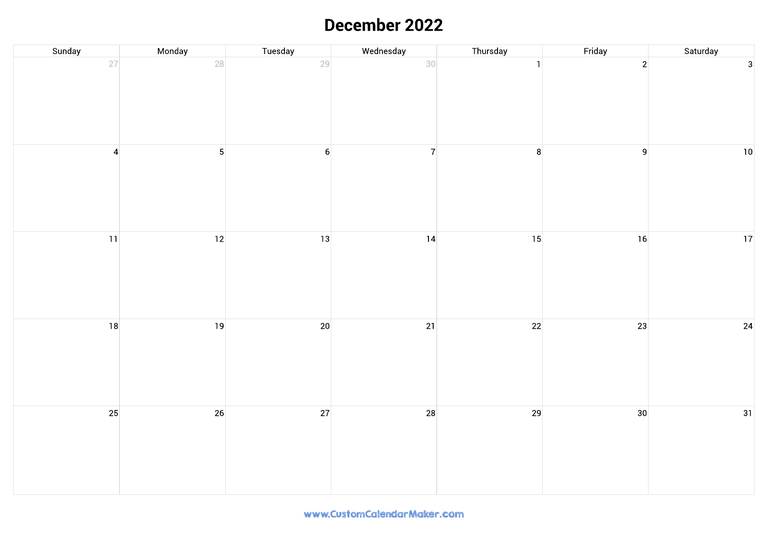 December 2022 Landscape Calendar With Large Boxes