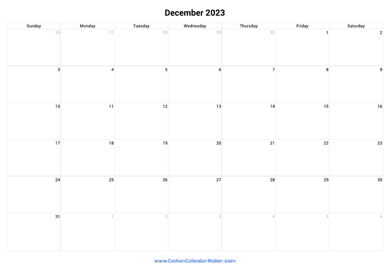 December 2023 Landscape Calendar With Large Boxes