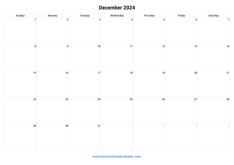 December 2024 Landscape Calendar With Large Boxes