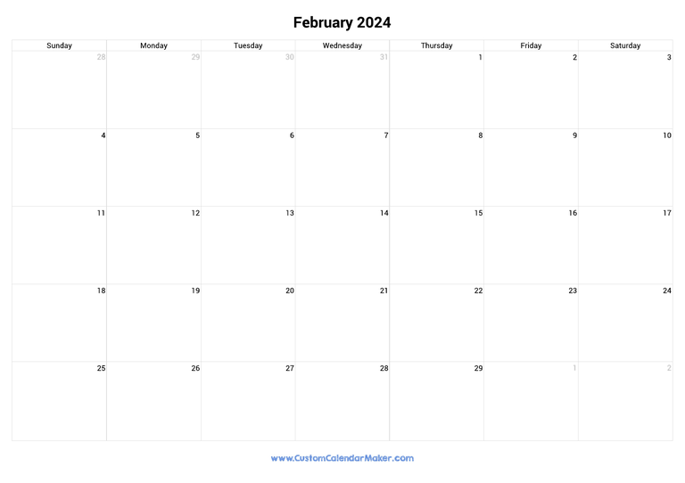February 2024 Landscape Calendar With Large Boxes