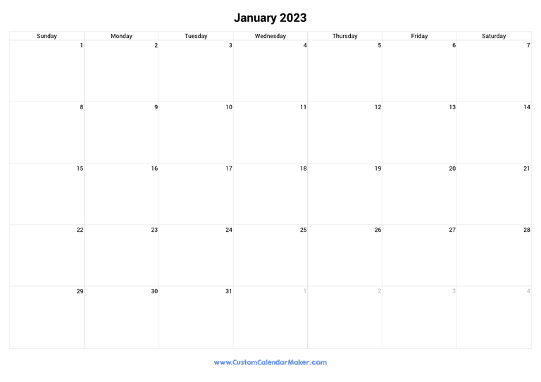 January 2023 Landscape Calendar With Large Boxes