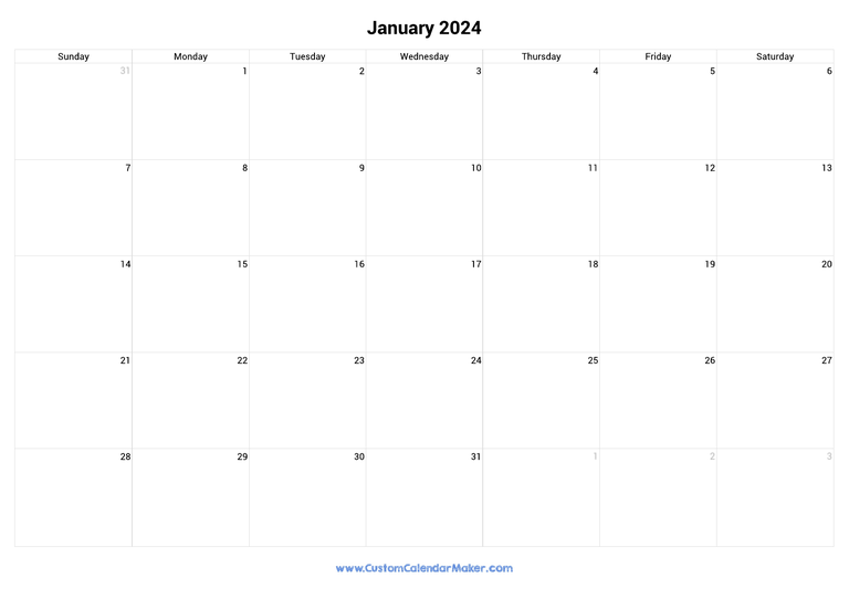 January 2024 Landscape Calendar With Large Boxes