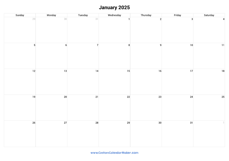 January 2025 Landscape Calendar With Large Boxes