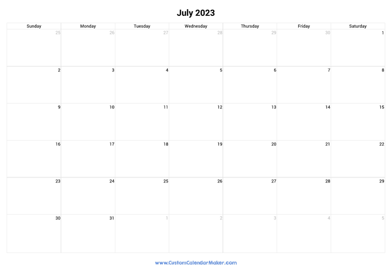 July 2023 Landscape Calendar With Large Boxes