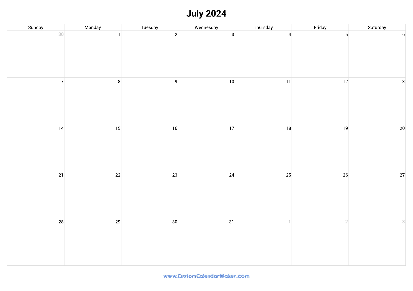 July 2024 Landscape Calendar With Large Boxes