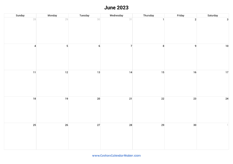 June 2023 Landscape Calendar With Large Boxes