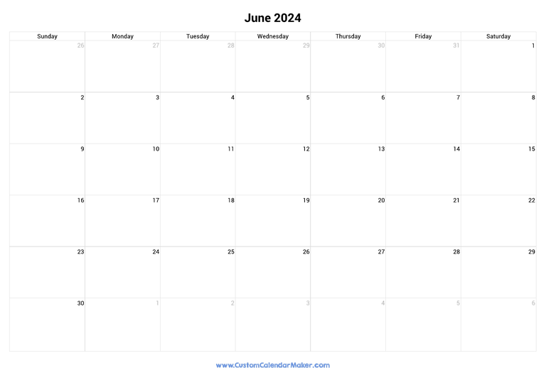 June 2024 Landscape Calendar With Large Boxes