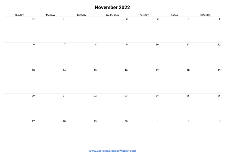 November 2022 Landscape Calendar With Large Boxes