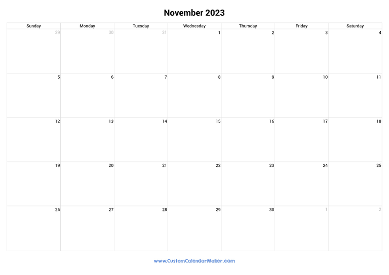 November 2023 Landscape Calendar With Large Boxes