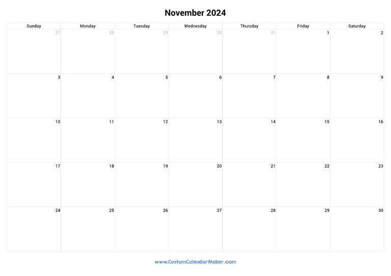 November 2024 Landscape Calendar With Large Boxes