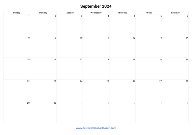 September 2024 Landscape Calendar With Large Boxes