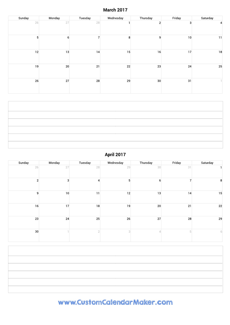 march and april 2017 calendar with notes