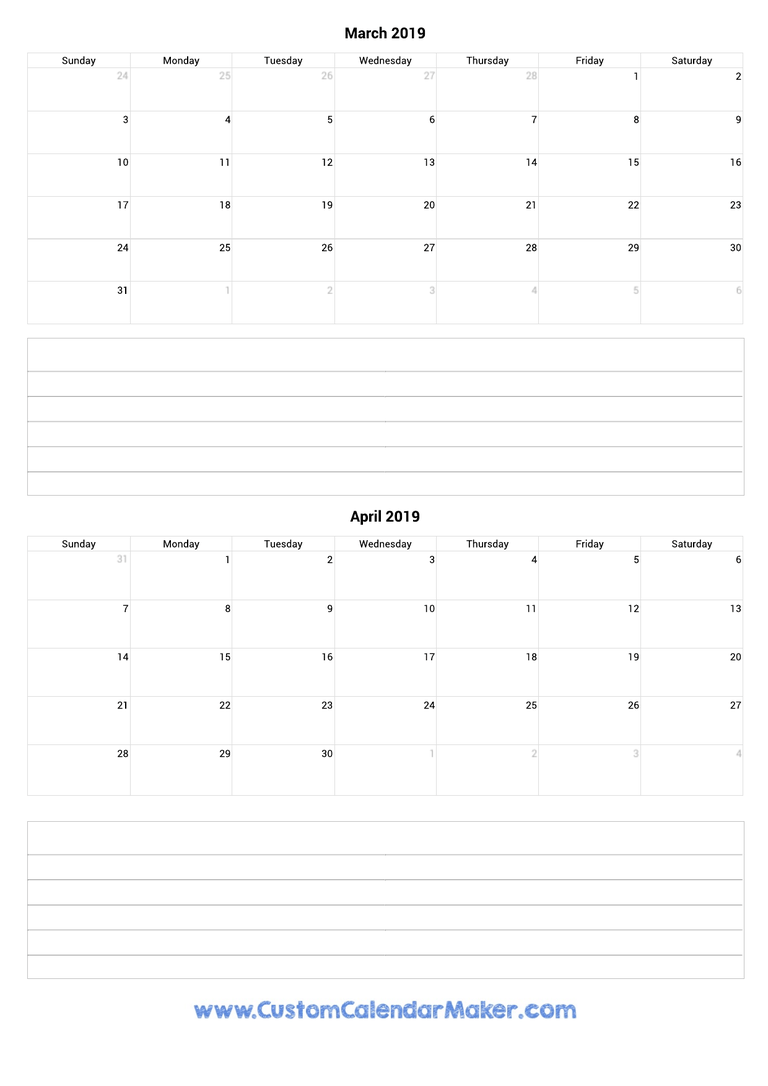 march and april 2019 calendar with notes