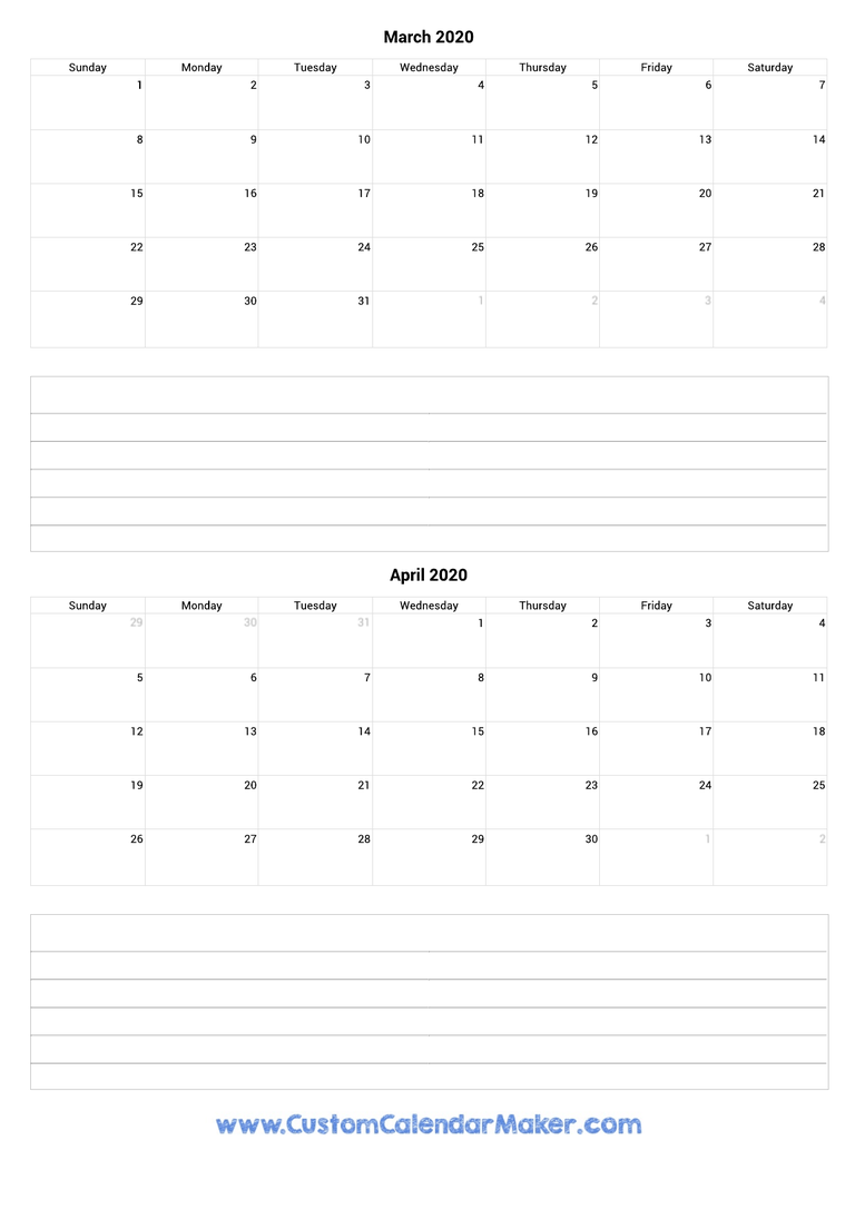 march and april 2020 calendar with notes