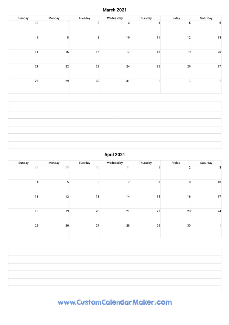 march and april 2021 calendar with notes