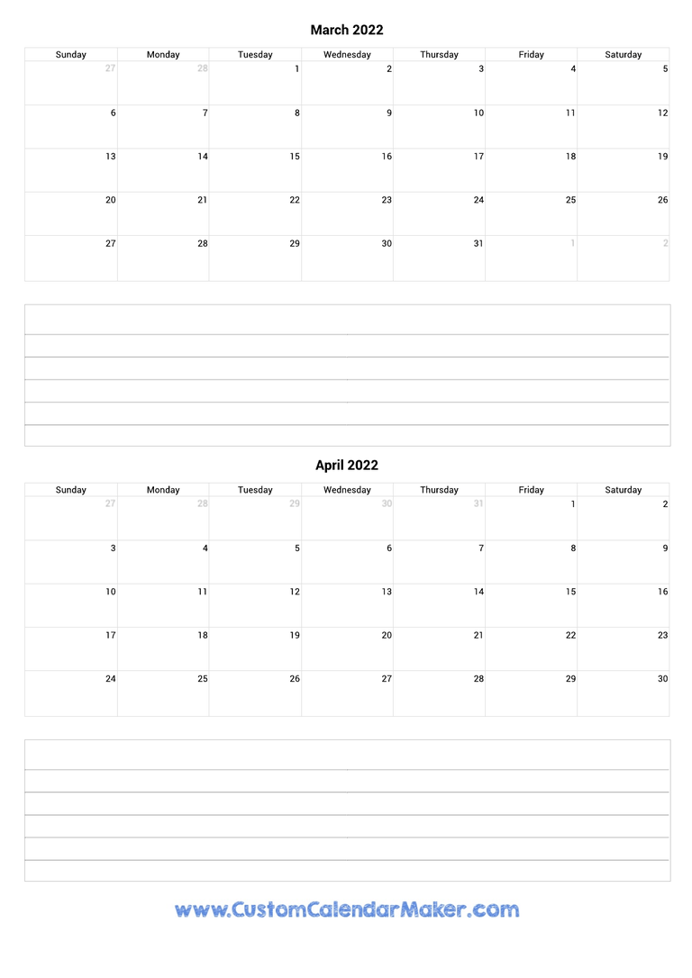 march and april 2022 calendar with notes