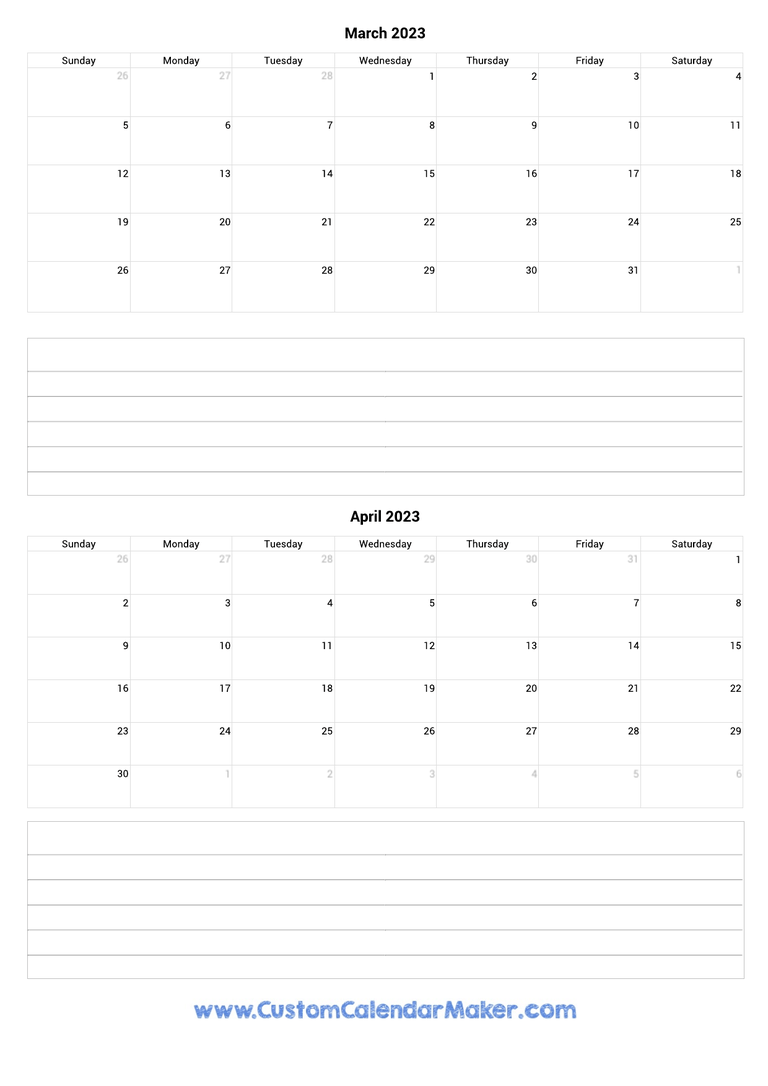 march and april 2023 calendar with notes