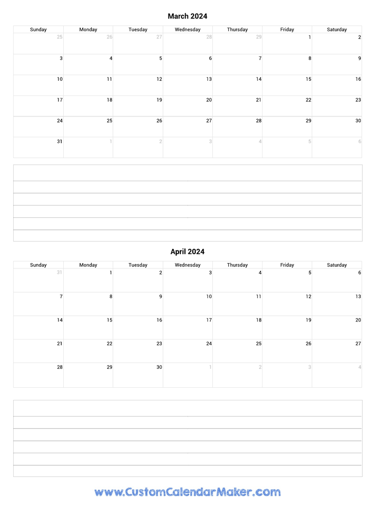 march and april 2024 calendar with notes